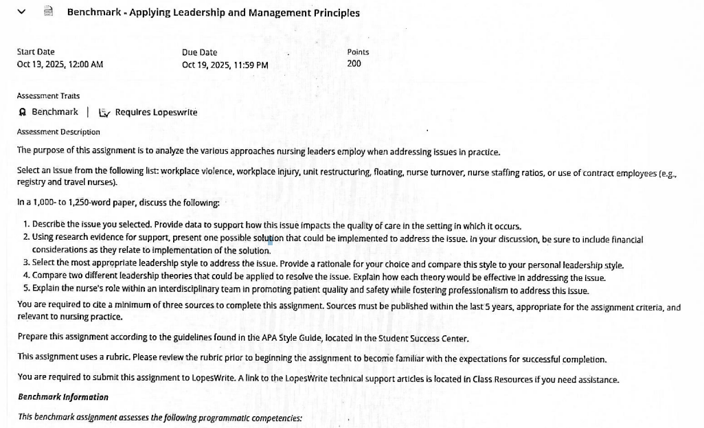 Benchmark – Applying Leadership and Management Principles